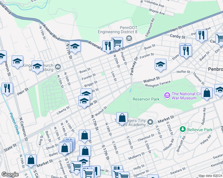 map of restaurants, bars, coffee shops, grocery stores, and more near 1900 State Street in Harrisburg