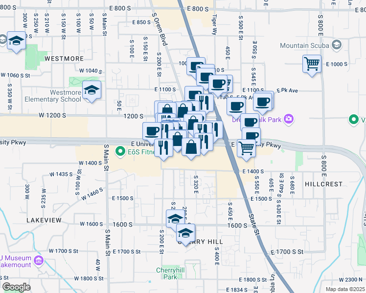 map of restaurants, bars, coffee shops, grocery stores, and more near 272 East University Parkway in Orem