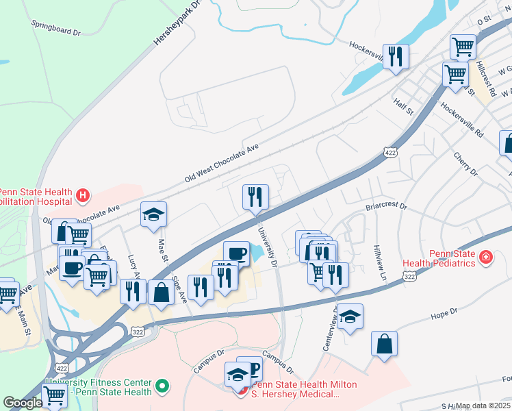 map of restaurants, bars, coffee shops, grocery stores, and more near 1015 Reese Avenue in Hershey