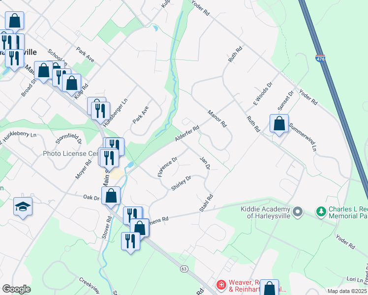 map of restaurants, bars, coffee shops, grocery stores, and more near 293 Jan Drive in Harleysville