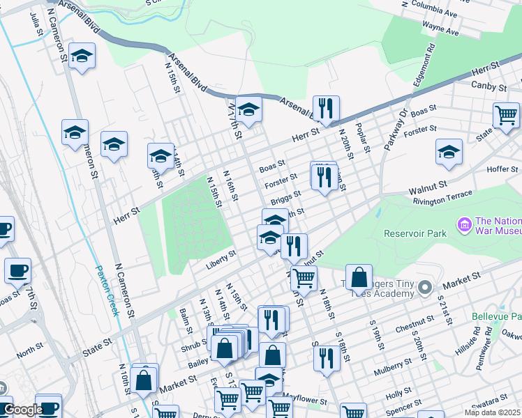 map of restaurants, bars, coffee shops, grocery stores, and more near 801 North 17th Street in Harrisburg