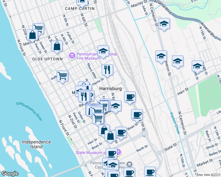 map of restaurants, bars, coffee shops, grocery stores, and more near in Harrisburg