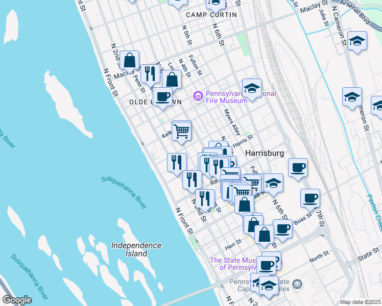 map of restaurants, bars, coffee shops, grocery stores, and more near in Harrisburg