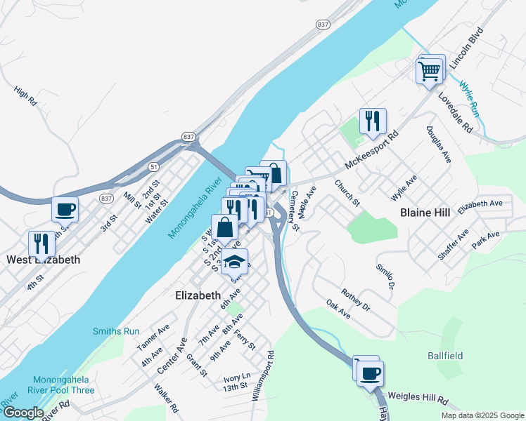 map of restaurants, bars, coffee shops, grocery stores, and more near 216 South 2nd Avenue in Elizabeth