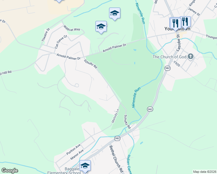 map of restaurants, bars, coffee shops, grocery stores, and more near 1064 Schultz Lane in Latrobe