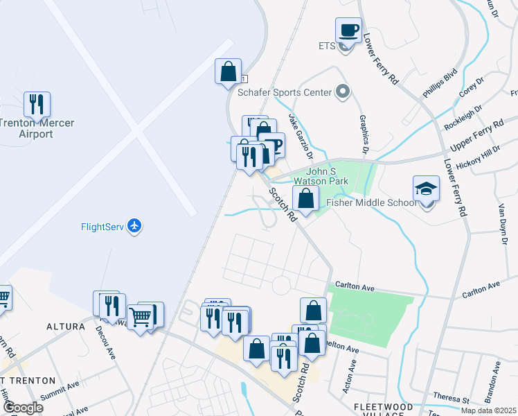 map of restaurants, bars, coffee shops, grocery stores, and more near Kyle Way in Ewing Township