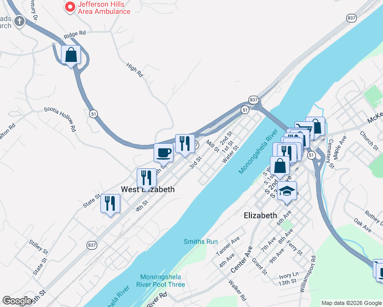 map of restaurants, bars, coffee shops, grocery stores, and more near 700 4th Street in West Elizabeth