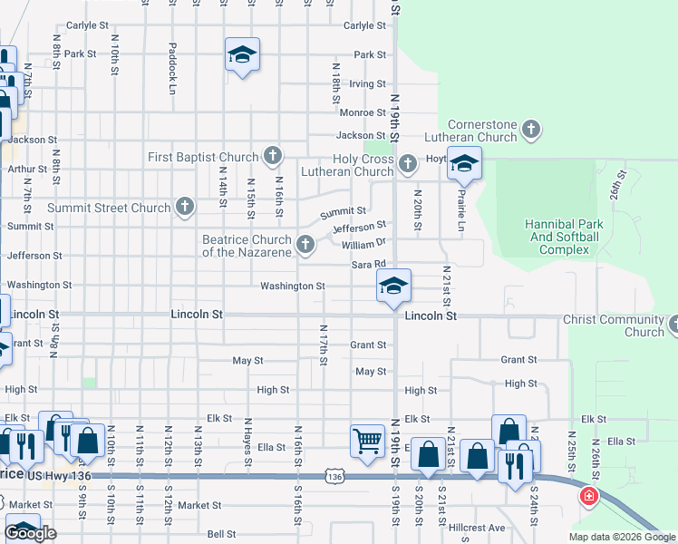 map of restaurants, bars, coffee shops, grocery stores, and more near 1712 Sara Road in Beatrice
