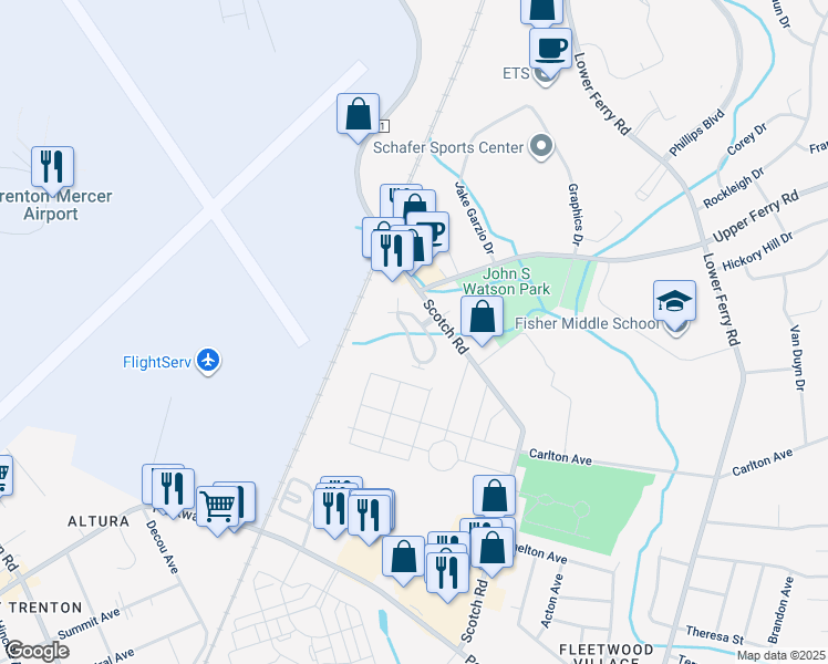map of restaurants, bars, coffee shops, grocery stores, and more near 76 Kyle Way in Ewing Township