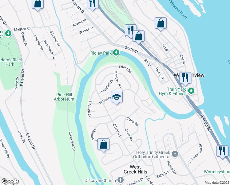 map of restaurants, bars, coffee shops, grocery stores, and more near 7 West Dulles Drive in Camp Hill