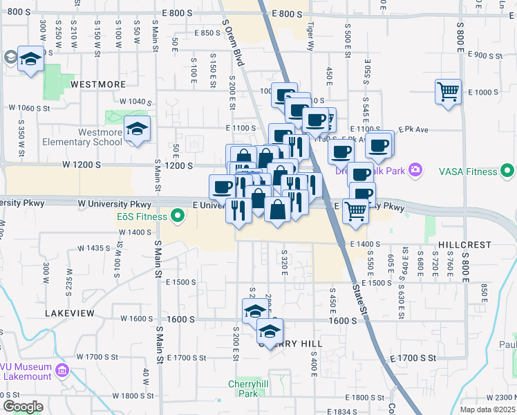 map of restaurants, bars, coffee shops, grocery stores, and more near 250 East University Parkway in Orem