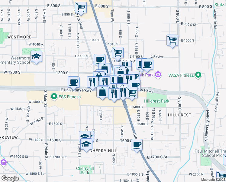 map of restaurants, bars, coffee shops, grocery stores, and more near 396 East University Parkway in Orem