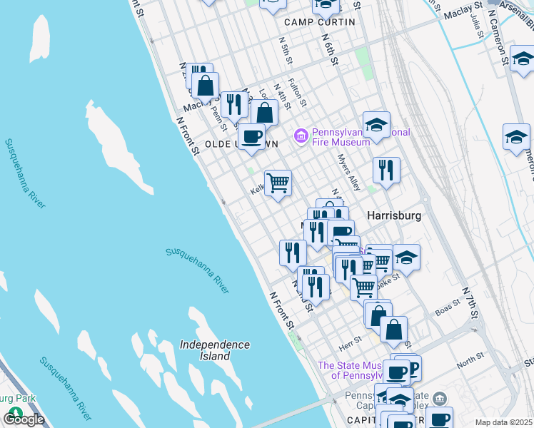 map of restaurants, bars, coffee shops, grocery stores, and more near 202 Hamilton Street in Harrisburg