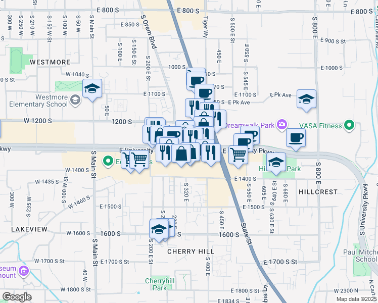 map of restaurants, bars, coffee shops, grocery stores, and more near 334 East University Parkway in Orem
