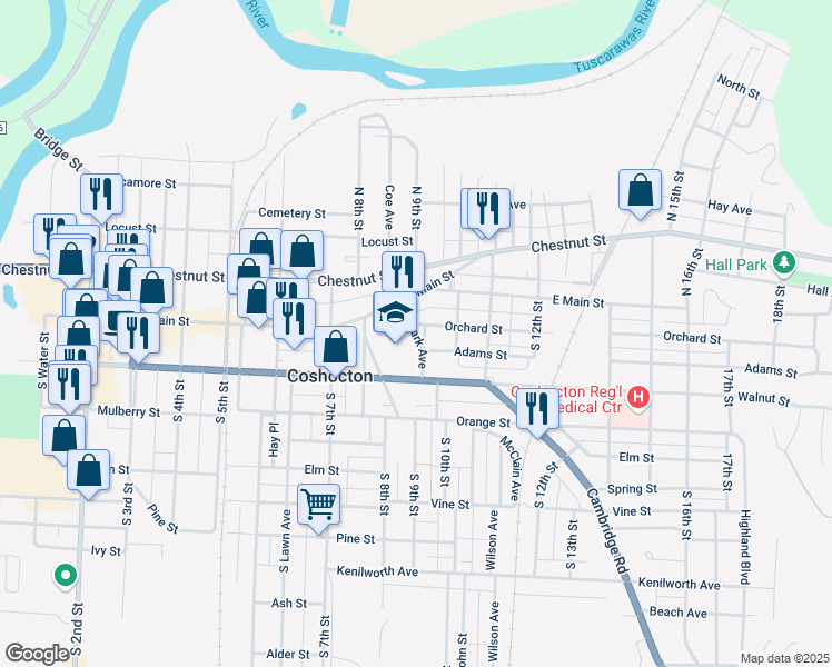 map of restaurants, bars, coffee shops, grocery stores, and more near 131 Park Avenue in Coshocton