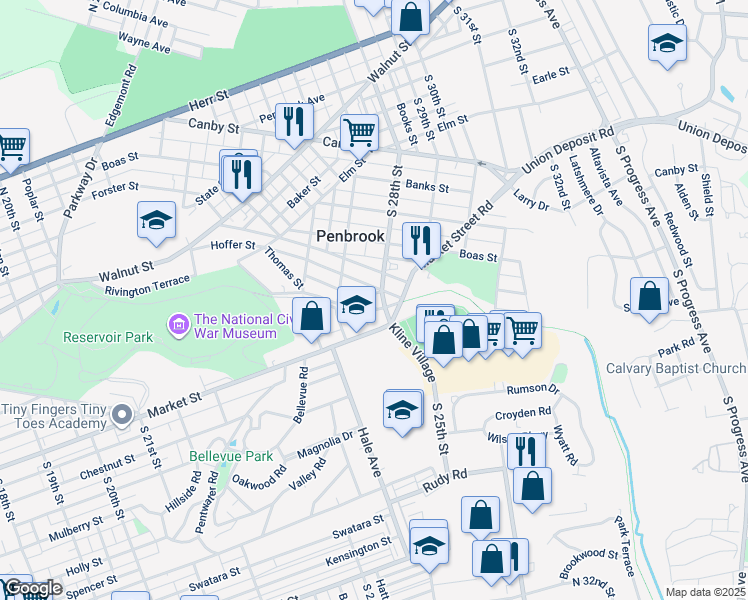 map of restaurants, bars, coffee shops, grocery stores, and more near 2444 Parkway Boulevard in Harrisburg