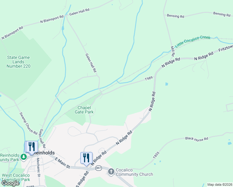 map of restaurants, bars, coffee shops, grocery stores, and more near 130 Resh Road in Reinholds
