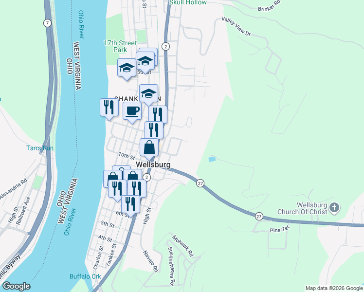 map of restaurants, bars, coffee shops, grocery stores, and more near 1124-1142 Duval Heights in Wellsburg