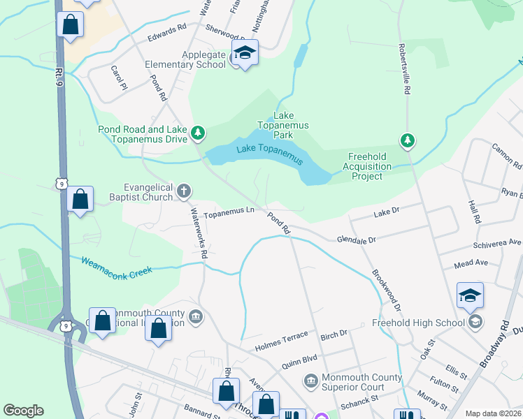 map of restaurants, bars, coffee shops, grocery stores, and more near 56 Topanemus Lane in Freehold