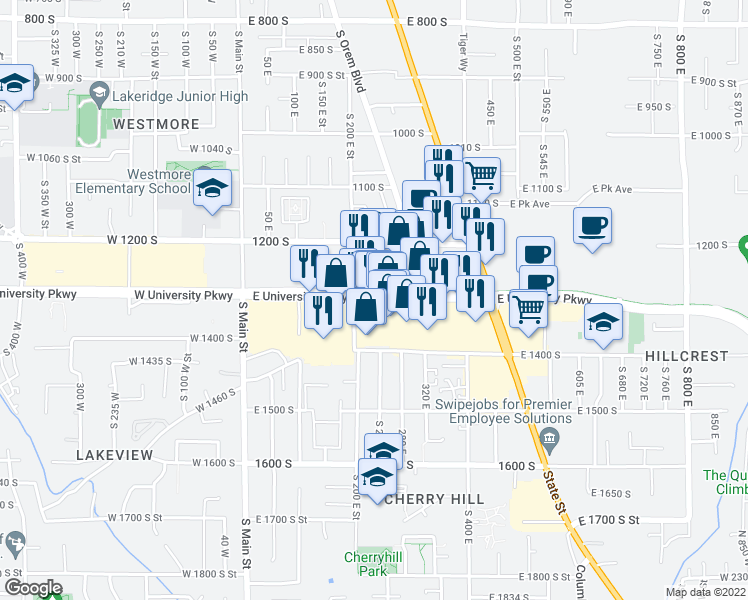 map of restaurants, bars, coffee shops, grocery stores, and more near 230 East University Parkway in Orem