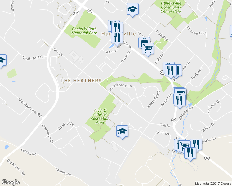 map of restaurants, bars, coffee shops, grocery stores, and more near 425 Oak Drive in Harleysville