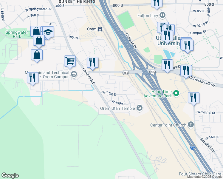 map of restaurants, bars, coffee shops, grocery stores, and more near 1163 West 1295 South Street in Orem