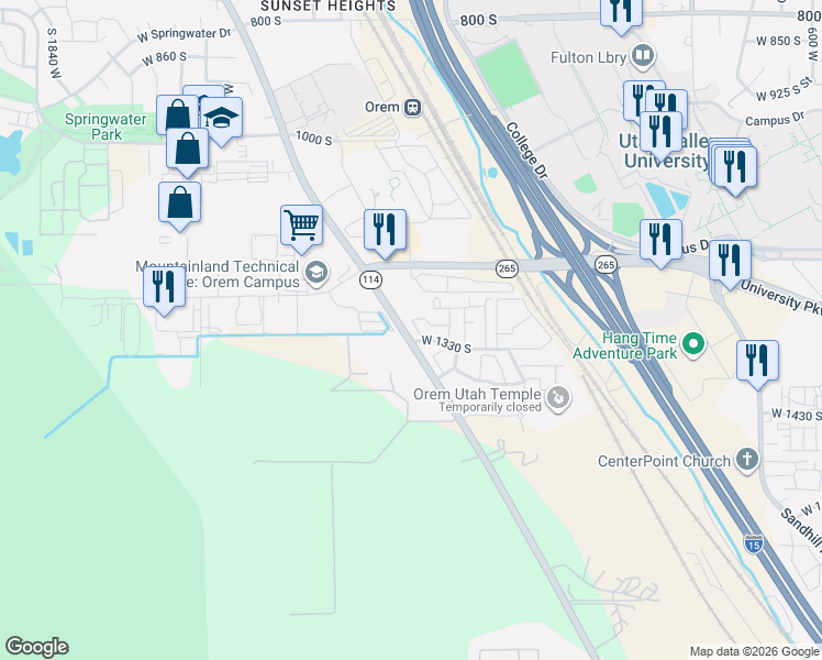 map of restaurants, bars, coffee shops, grocery stores, and more near 1302 South 1260 West Street in Orem