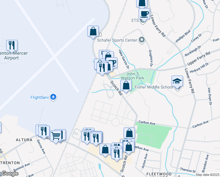 map of restaurants, bars, coffee shops, grocery stores, and more near 121 Kyle Way in Ewing Township