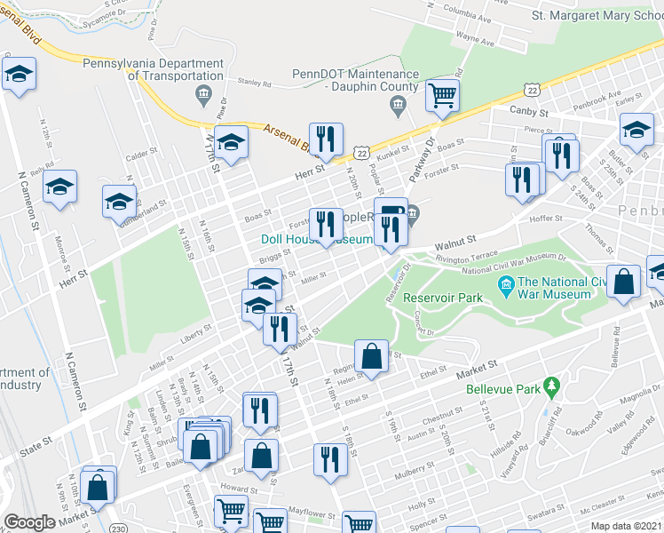 map of restaurants, bars, coffee shops, grocery stores, and more near 1836 North Street in Harrisburg