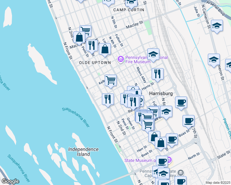 map of restaurants, bars, coffee shops, grocery stores, and more near in Harrisburg