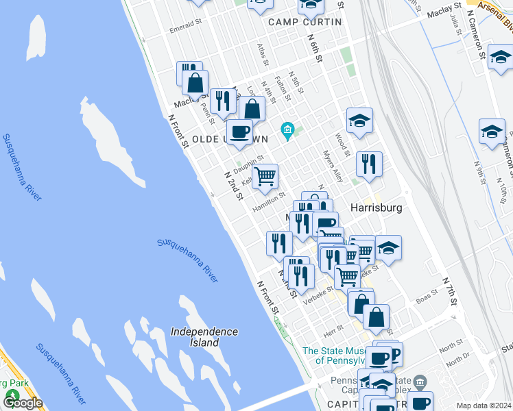 map of restaurants, bars, coffee shops, grocery stores, and more near 1704 Penn Street in Harrisburg