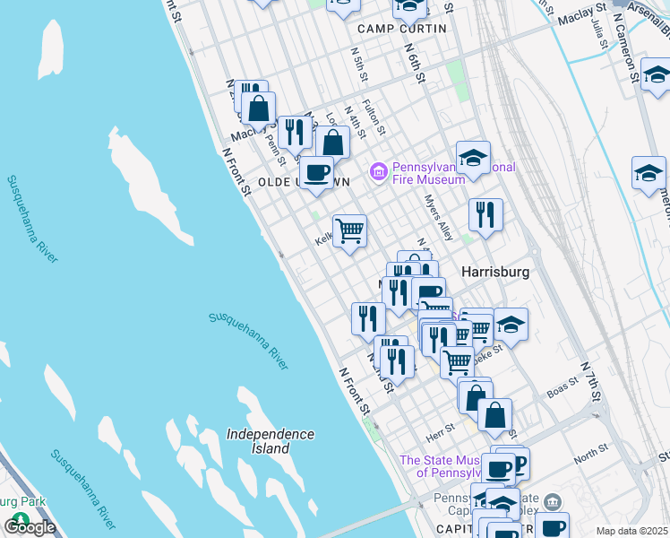 map of restaurants, bars, coffee shops, grocery stores, and more near 1704 Penn Street in Harrisburg