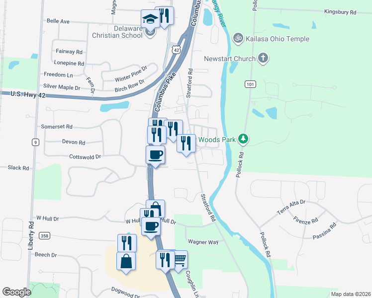 map of restaurants, bars, coffee shops, grocery stores, and more near 1147 Columbus Pike in Delaware