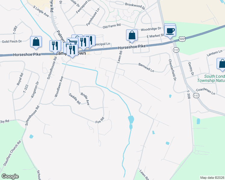 map of restaurants, bars, coffee shops, grocery stores, and more near 143 Lawn Road in Palmyra