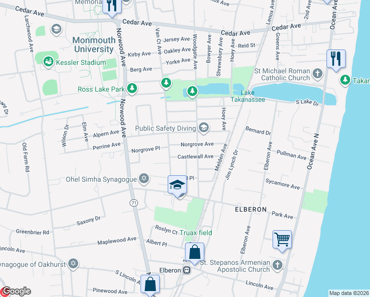 map of restaurants, bars, coffee shops, grocery stores, and more near 264 Norgrove Avenue in Long Branch