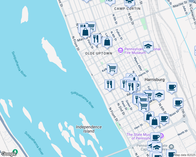 map of restaurants, bars, coffee shops, grocery stores, and more near 1719 North Front Street in Harrisburg