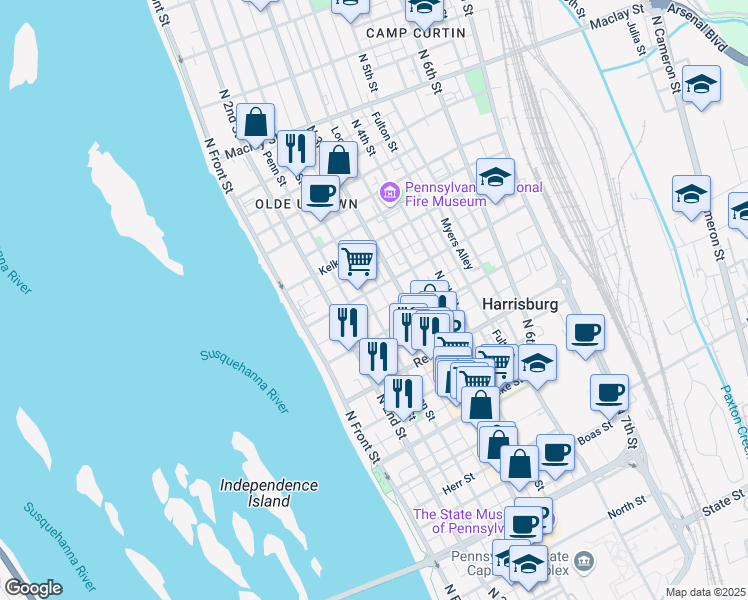 map of restaurants, bars, coffee shops, grocery stores, and more near 1625 Green Street in Harrisburg