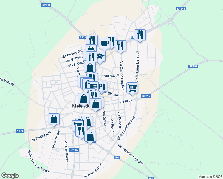 map of restaurants, bars, coffee shops, grocery stores, and more near 61 Via Giuseppe Garibaldi in Melendugno