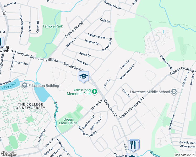 map of restaurants, bars, coffee shops, grocery stores, and more near 6 Holiday Court in Ewing Township