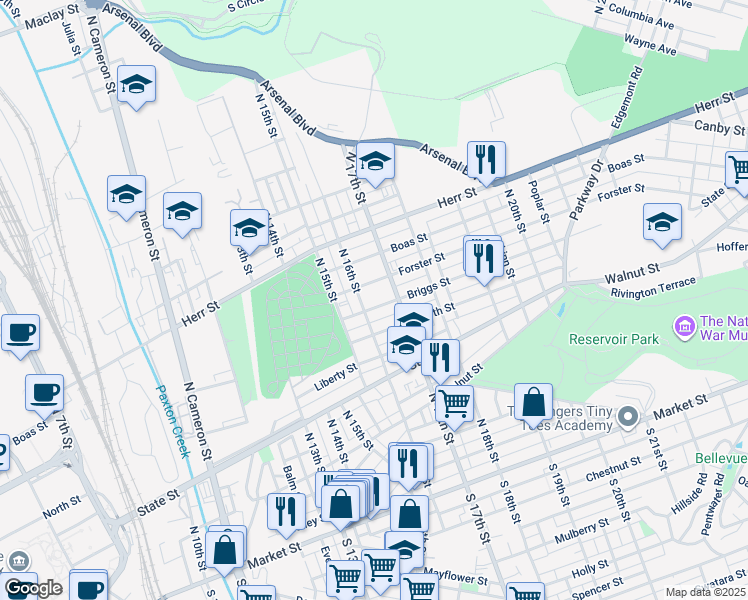 map of restaurants, bars, coffee shops, grocery stores, and more near 1608 Briggs Street in Harrisburg