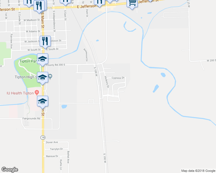map of restaurants, bars, coffee shops, grocery stores, and more near 634 Hickory Drive in Tipton