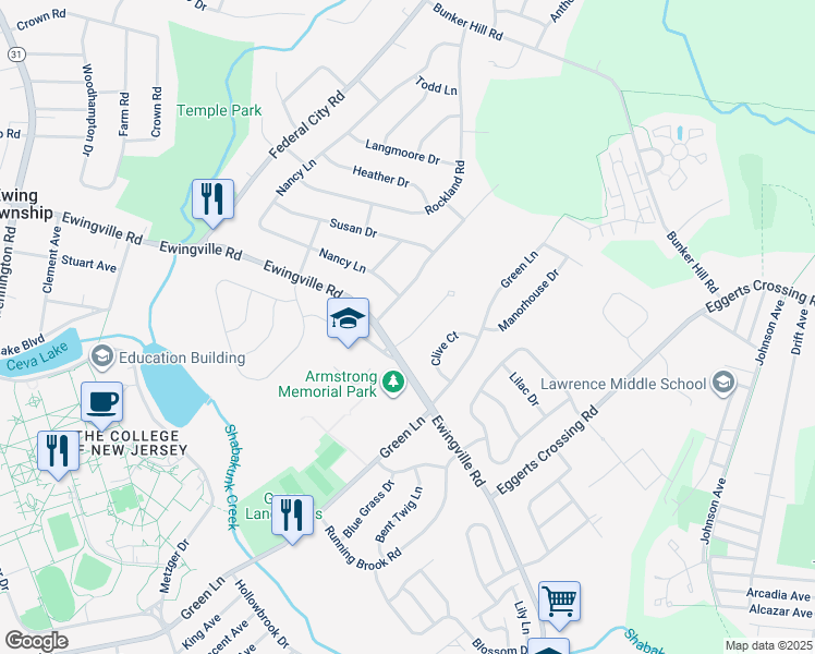 map of restaurants, bars, coffee shops, grocery stores, and more near 6 Holiday Court in Ewing Township