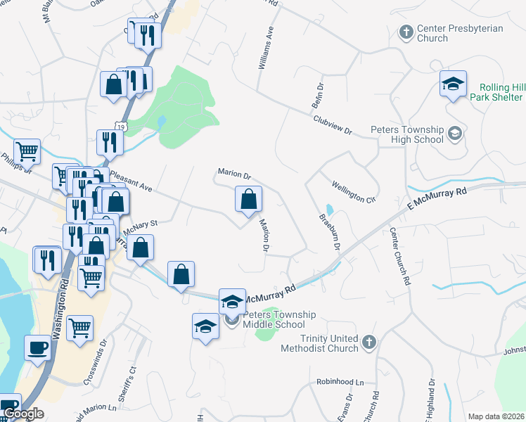 map of restaurants, bars, coffee shops, grocery stores, and more near 225 Marion Drive in Canonsburg