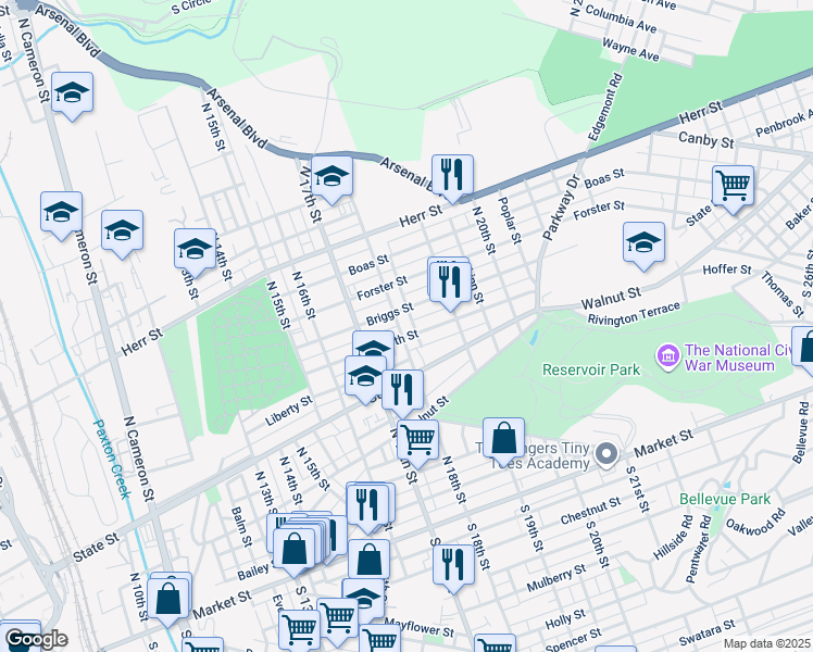 map of restaurants, bars, coffee shops, grocery stores, and more near 707 North 18th Street in Harrisburg