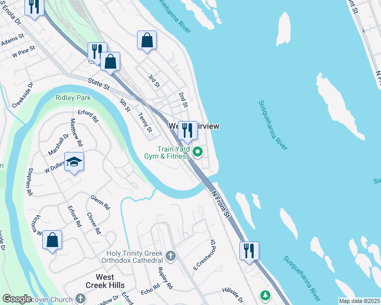 map of restaurants, bars, coffee shops, grocery stores, and more near 100 2nd Street in West Fairview
