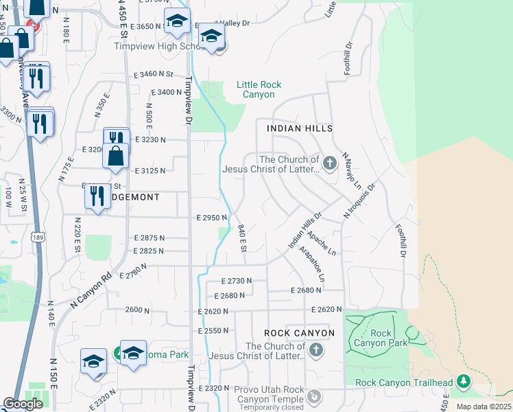 map of restaurants, bars, coffee shops, grocery stores, and more near 2971 North Apache Way in Provo