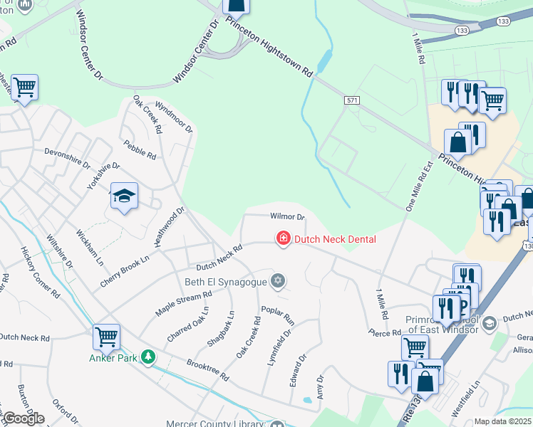 map of restaurants, bars, coffee shops, grocery stores, and more near 20 Wilmor Drive in East Windsor