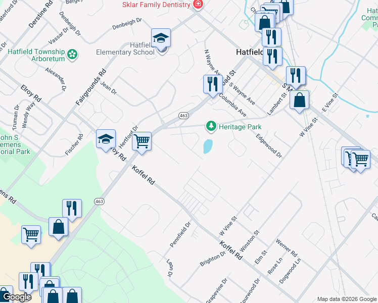 map of restaurants, bars, coffee shops, grocery stores, and more near 238 Larkspur Lane in Hatfield