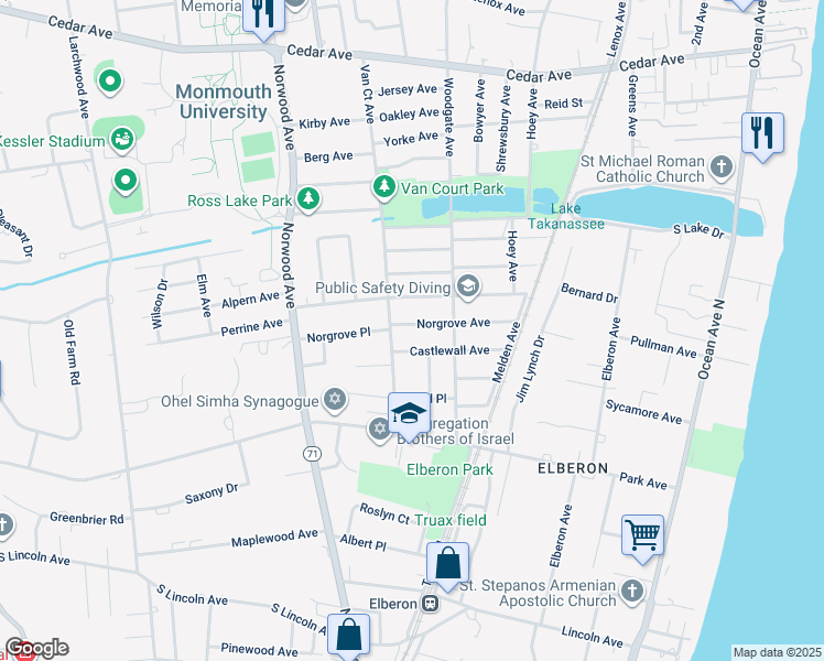 map of restaurants, bars, coffee shops, grocery stores, and more near 264 Norgrove Avenue in Long Branch