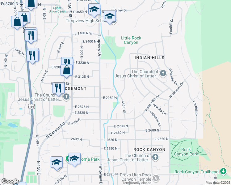 map of restaurants, bars, coffee shops, grocery stores, and more near 758 East 3030 North in Provo